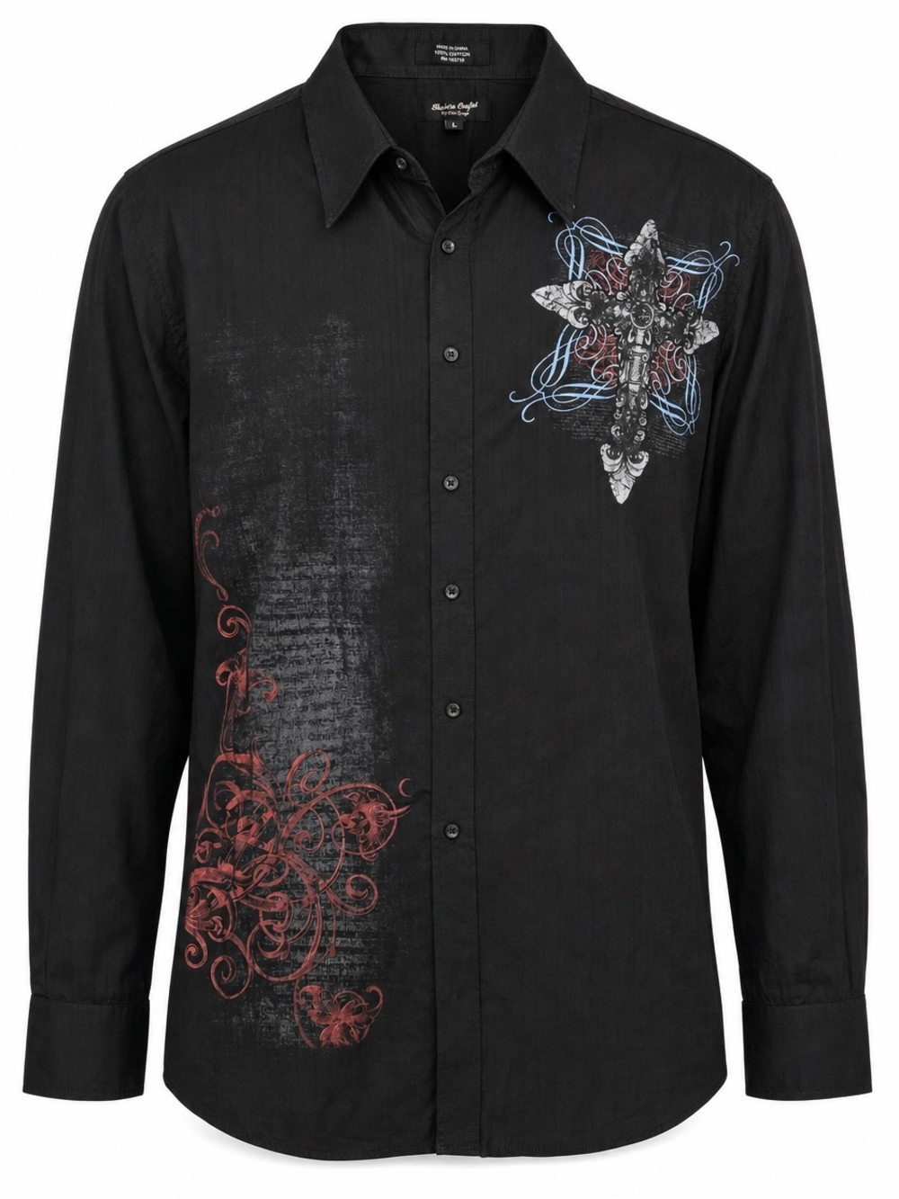 Eighty Eight Platinum Black Graphic Button Up Shirt Cross Floral Y2K‎ Mens XL